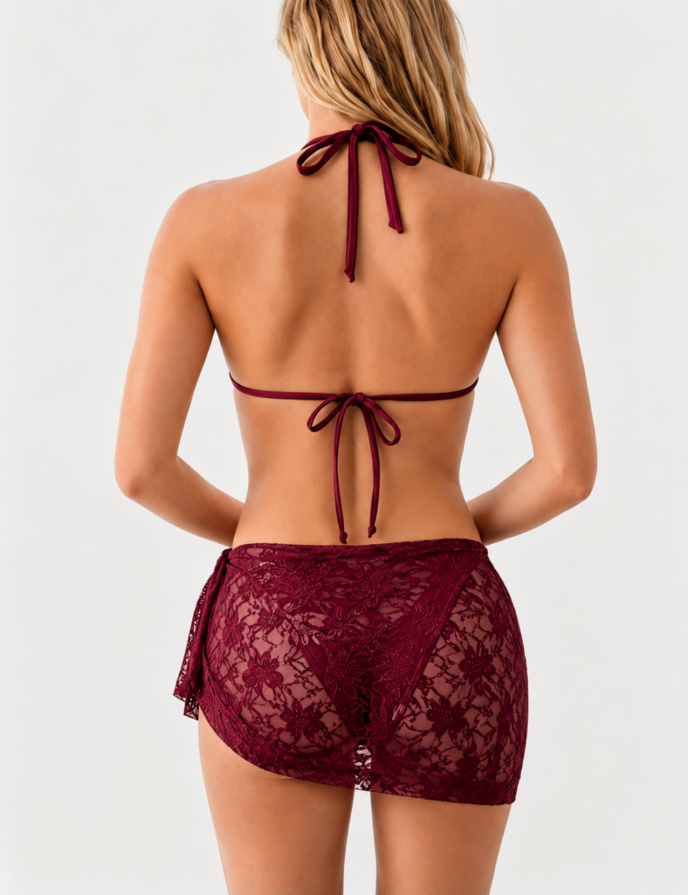 Ladies Floral Lace Mesh Triangle Bikini Set with Sarong Set