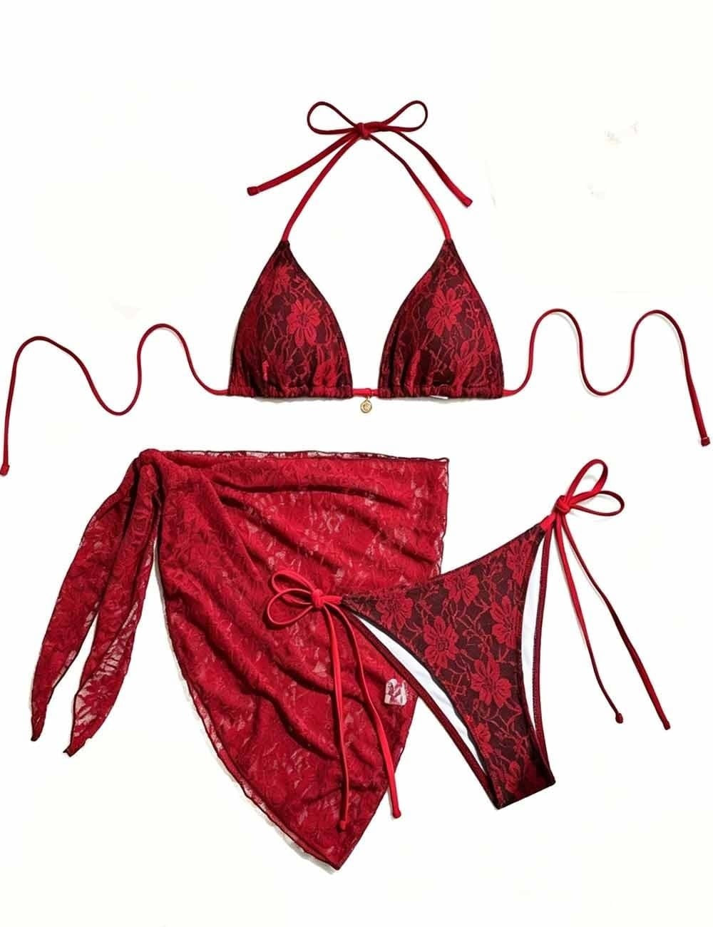 Ladies Floral Lace Mesh Triangle Bikini Set with Sarong Set