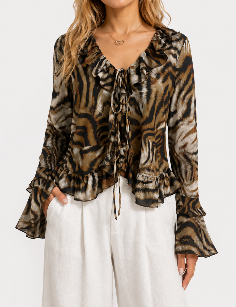 Ladies Tiger Striped V-Neck Long Sleeve Top Ruffle Blouse