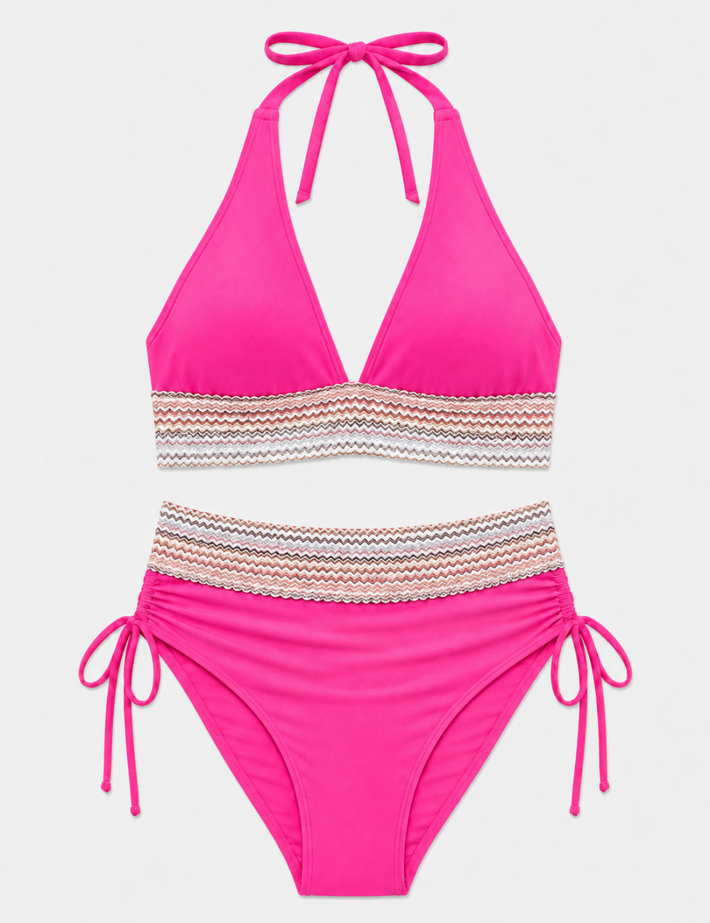 Ladies Deep V-Neck Colorful Zigzag Smocked Trim Bikini Set