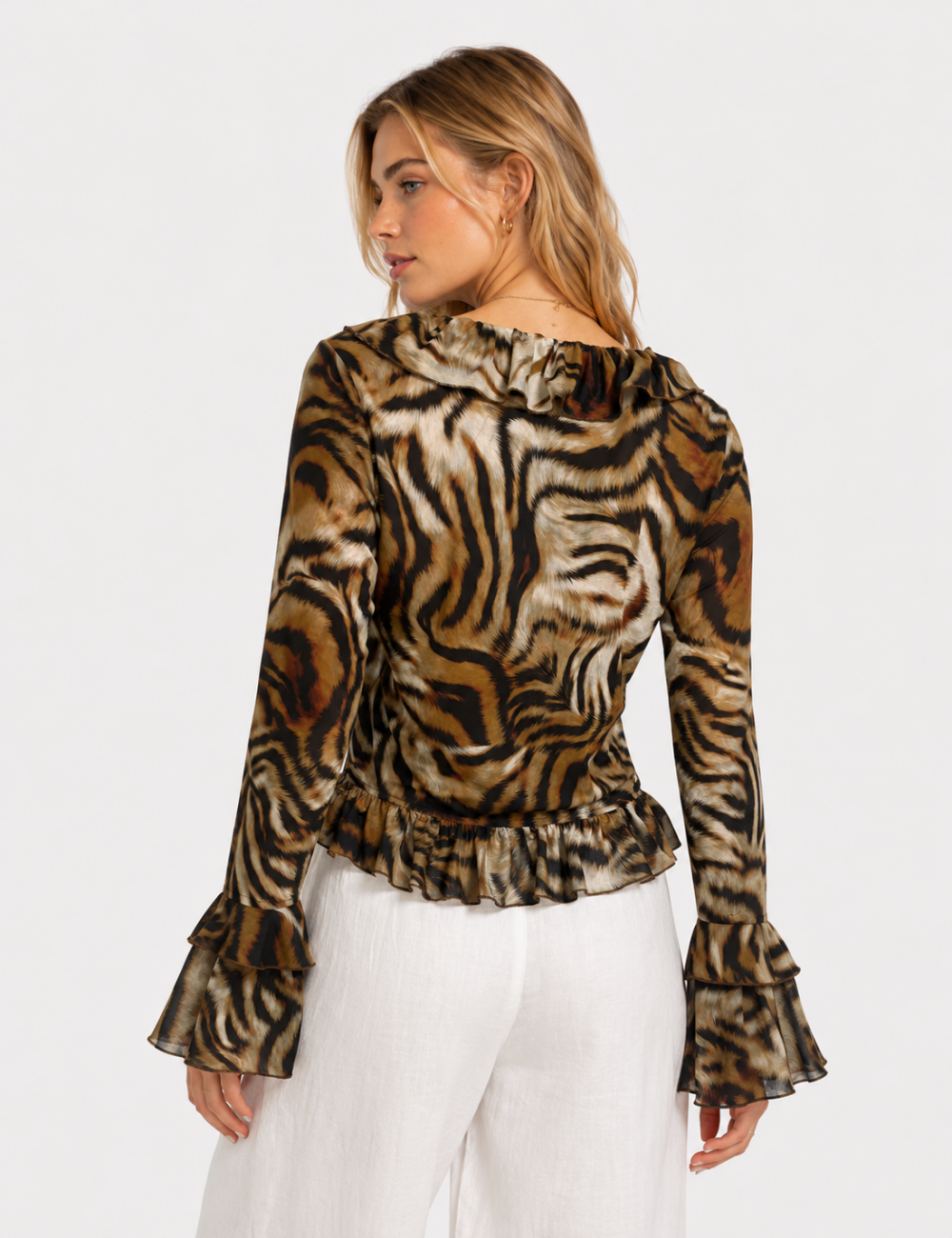 Ladies Tiger Striped V-Neck Long Sleeve Top Ruffle Blouse
