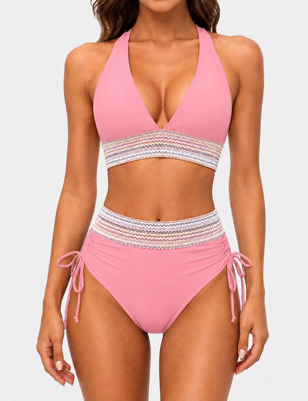 Ladies Deep V-Neck Colorful Zigzag Smocked Trim Bikini Set
