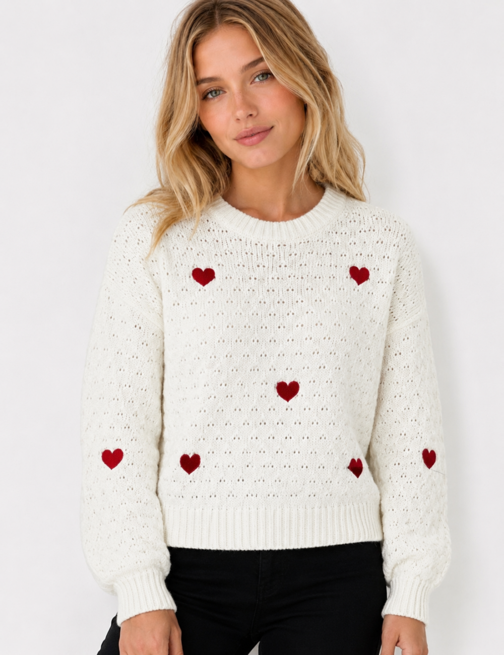 Ladies Heart Applique Hollow Out Knit Crew Neck Sweater