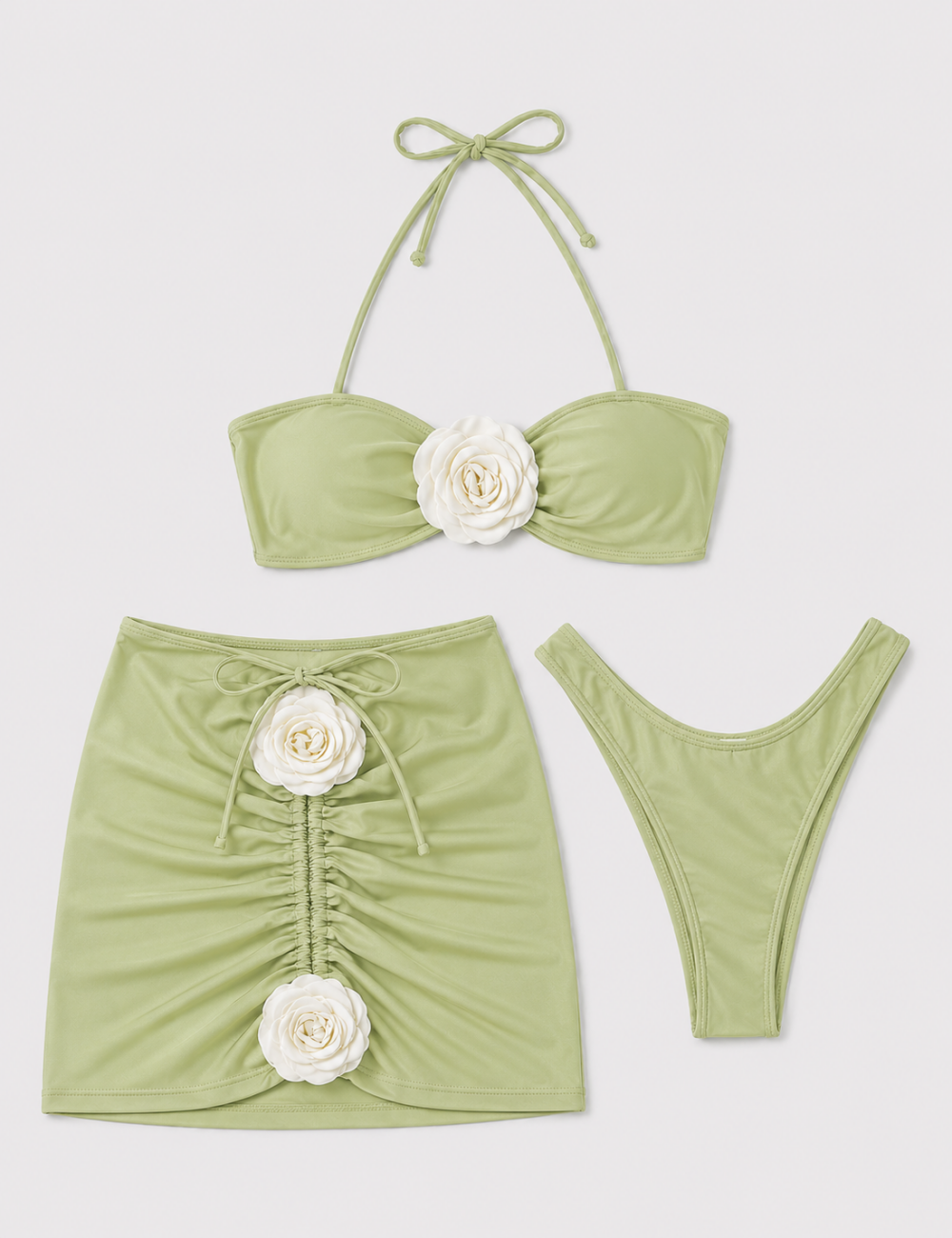 Ladies 3D Flower Design Halter Bikini Set with Mini Skirt