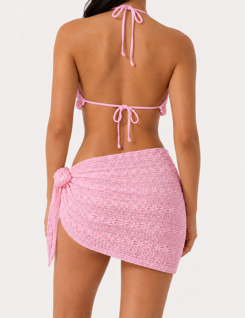 Ladies Solid Color Crochet Triangle Bikini Set with Cover-Up Skirt