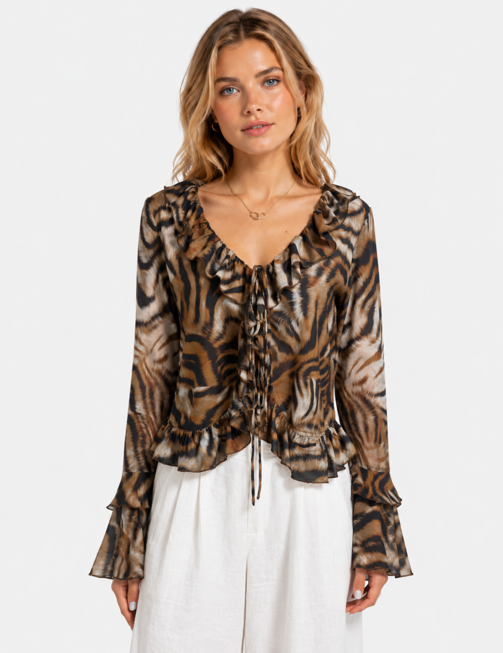 Ladies Tiger Striped V-Neck Long Sleeve Top Ruffle Blouse