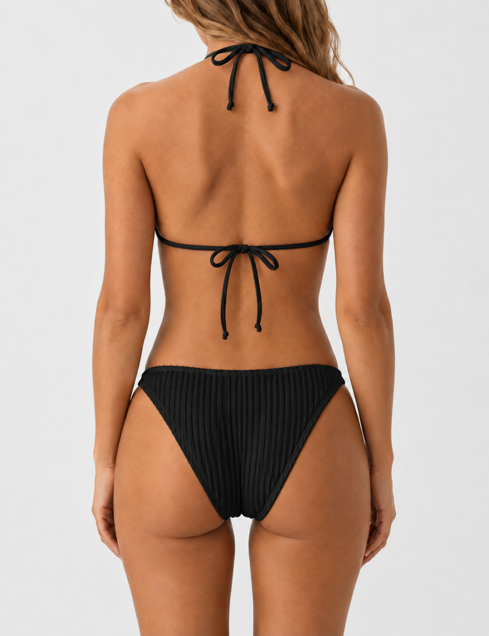 Ladies Vertical Texture Halter Neck Triangle Bikini Set