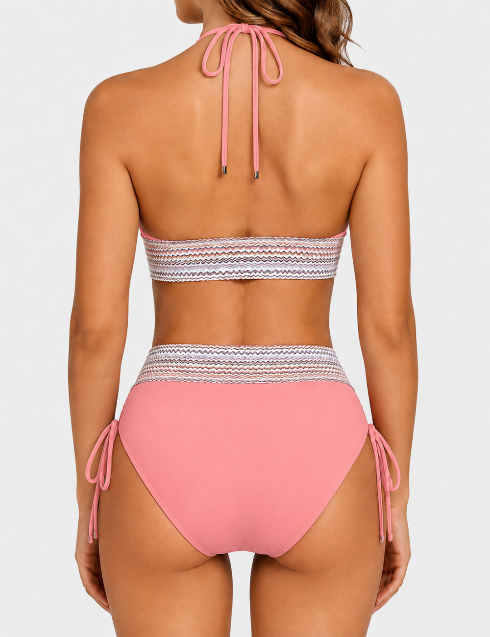 Ladies Deep V-Neck Colorful Zigzag Smocked Trim Bikini Set