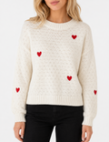 Ladies Heart Applique Hollow Out Knit Crew Neck Sweater