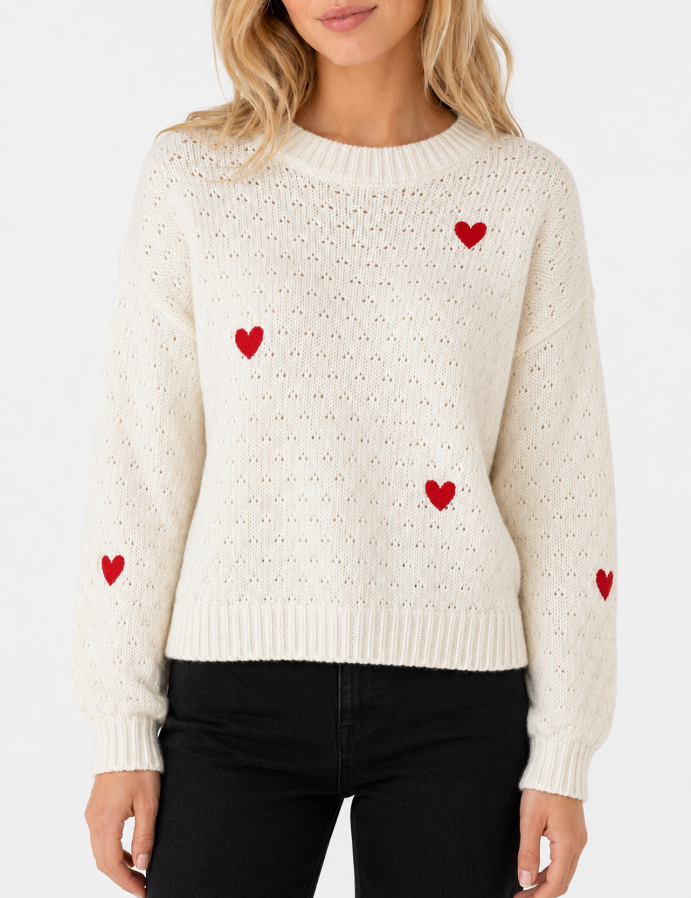 Ladies Heart Applique Hollow Out Knit Crew Neck Sweater