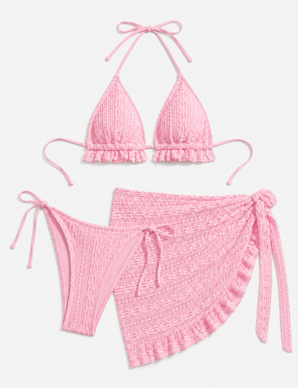 Ladies Solid Color Crochet Triangle Bikini Set with Cover-Up Skirt