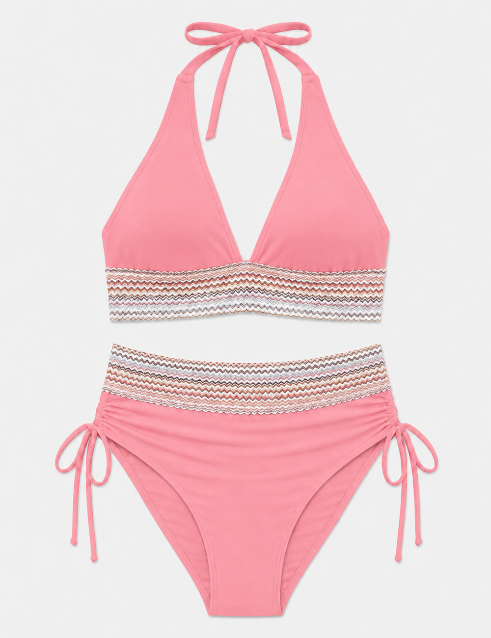 Ladies Deep V-Neck Colorful Zigzag Smocked Trim Bikini Set