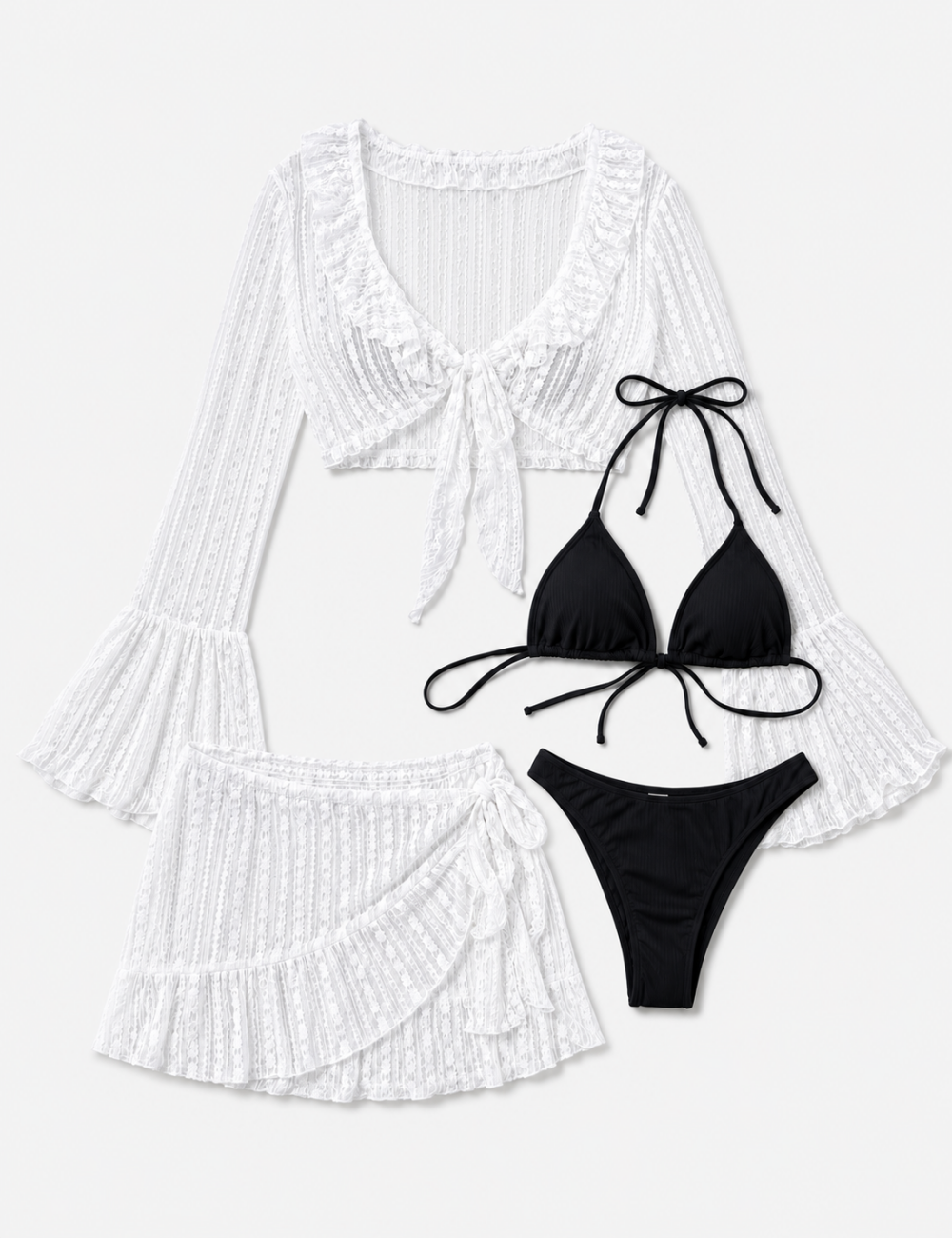 Ladies Solid Color Triangle Bikini 4PCS Set with Cover-Up & Mini Skirt