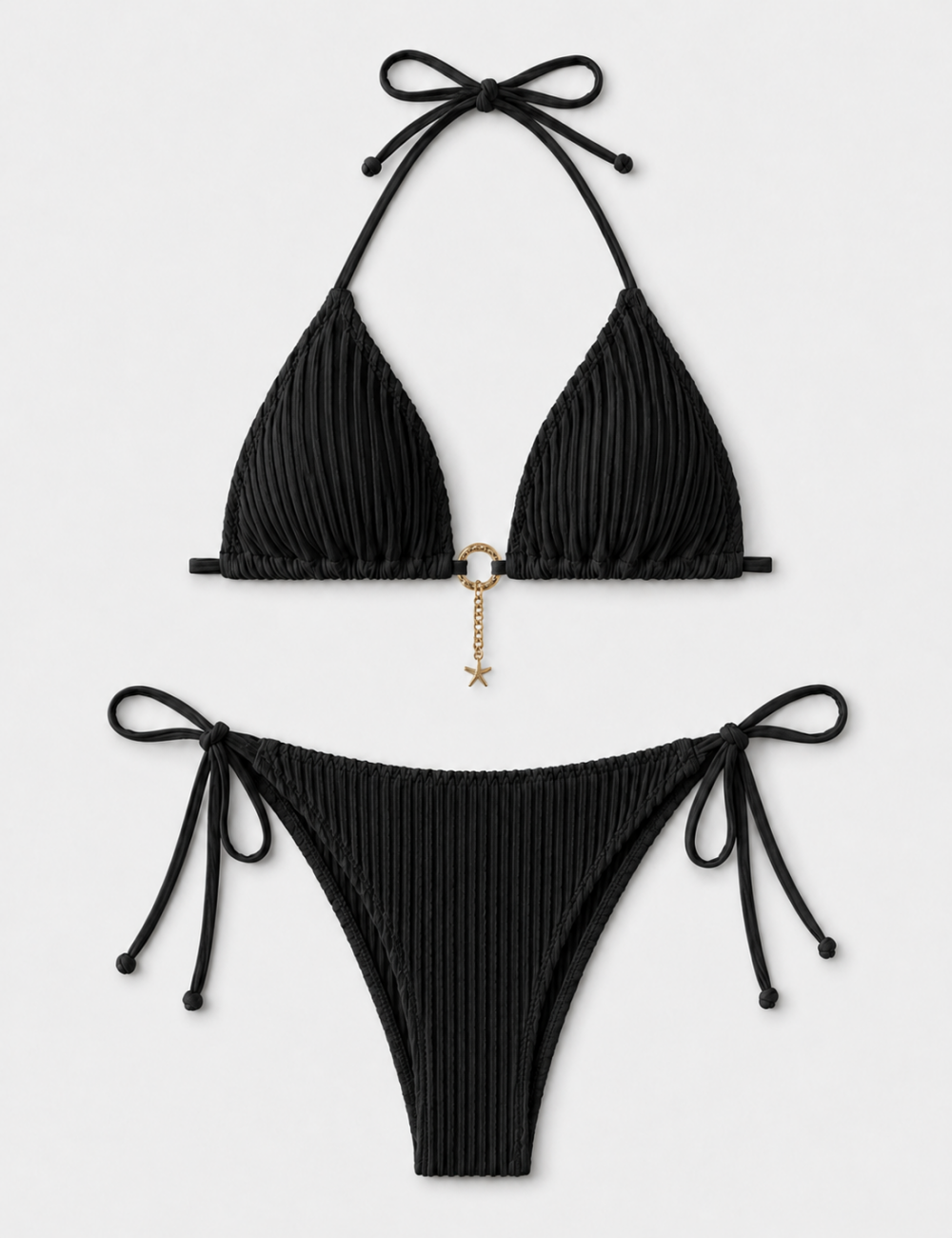 Ladies Vertical Texture Halter Neck Triangle Bikini Set