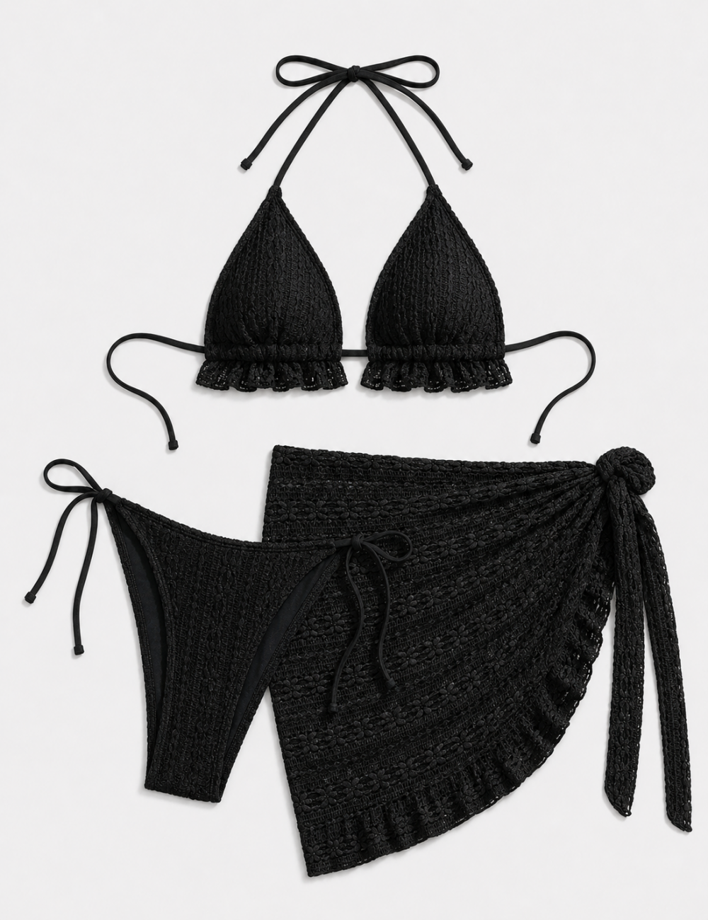 Ladies Solid Color Crochet Triangle Bikini Set with Cover-Up Skirt