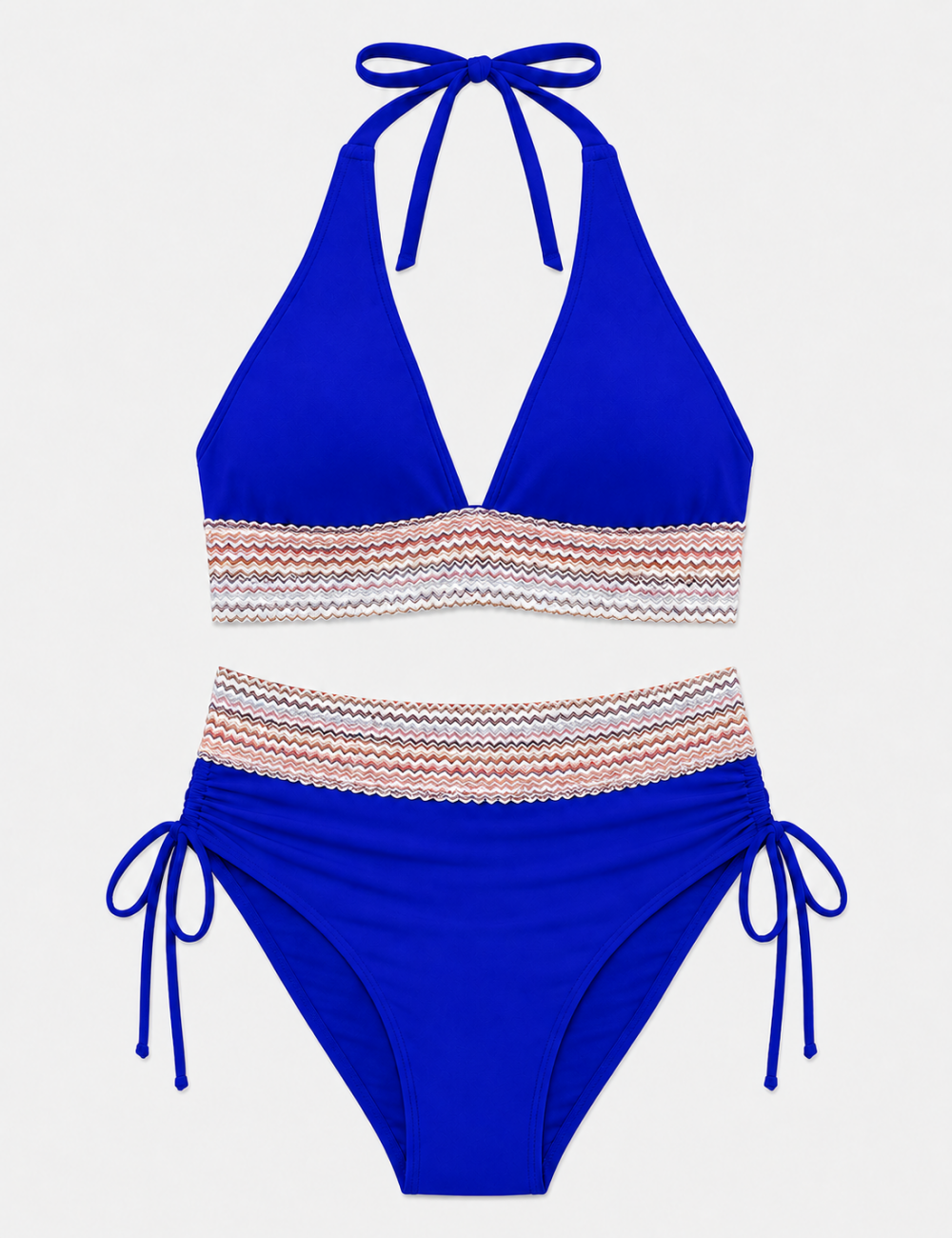Ladies Deep V-Neck Colorful Zigzag Smocked Trim Bikini Set
