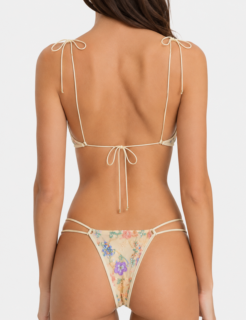 Ladies Floral Embroidered Sheer Mesh Base Bikini Set