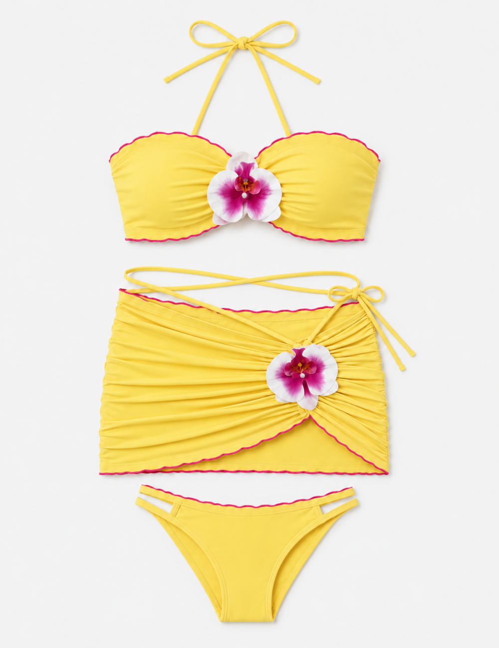 Ladies 3D Flower Design Halter Bandeau Bikini Set with Skirt