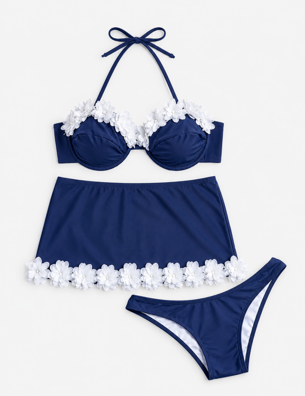 Ladies 3D Flower Design Underwire Bikini Set with Skirt