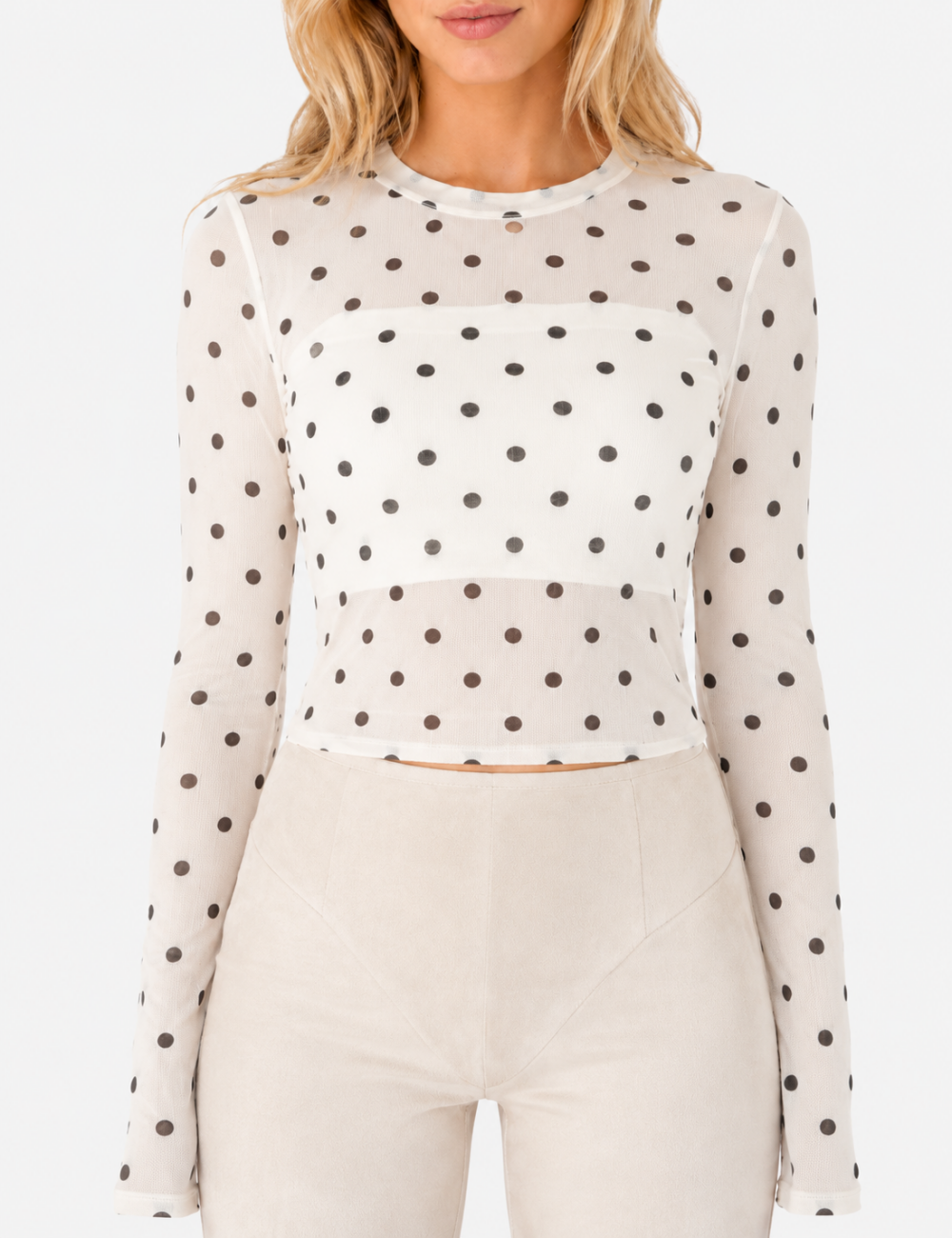 Ladies Round Neck See Sheer Polka Dot Layring Top