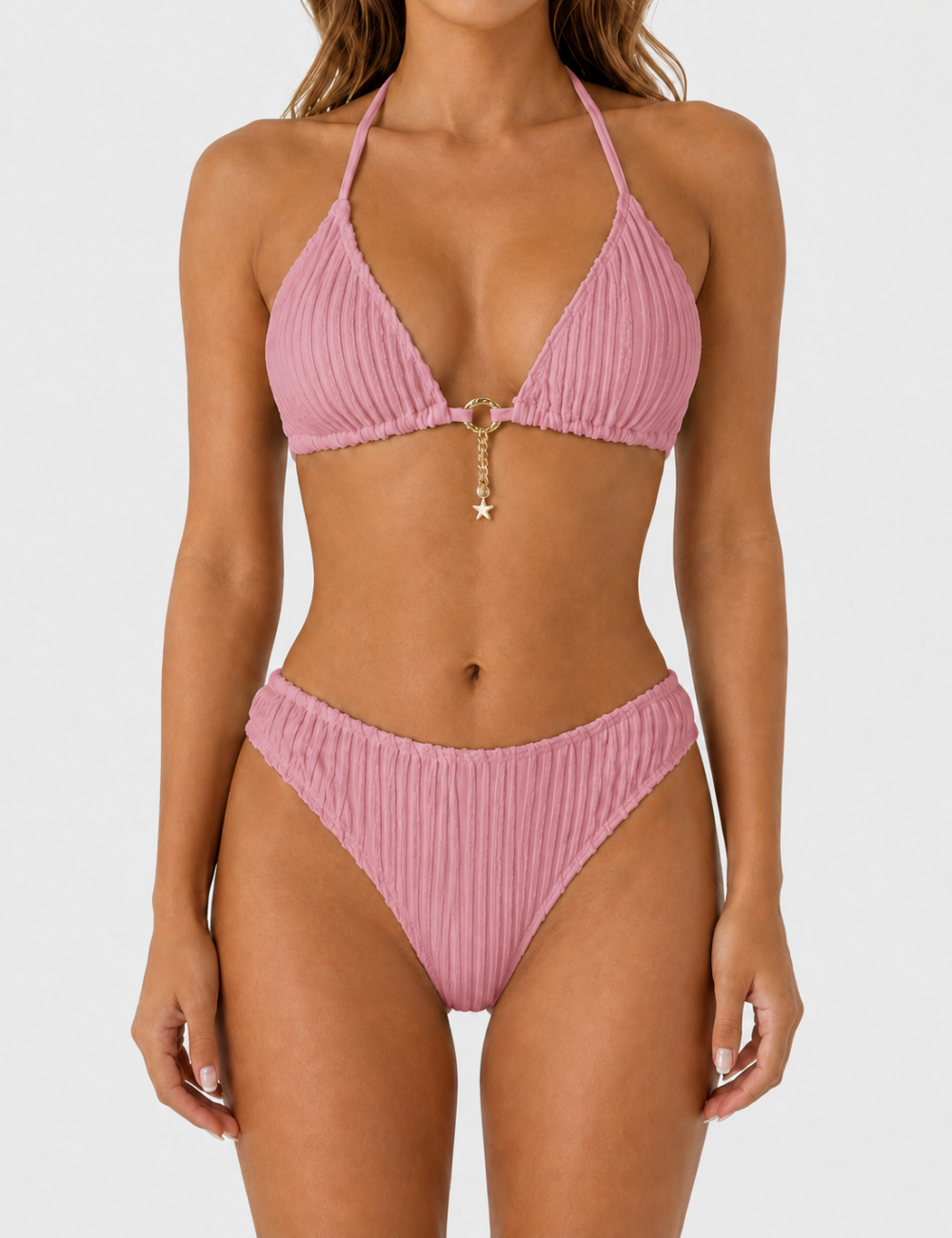 Ladies Vertical Texture Halter Neck Triangle Bikini Set