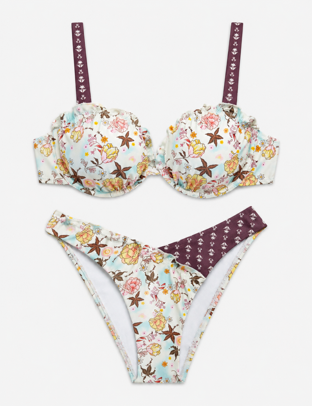 Ladies Mixed Floral Ruffled Balconette 2 Piece Bikini Set