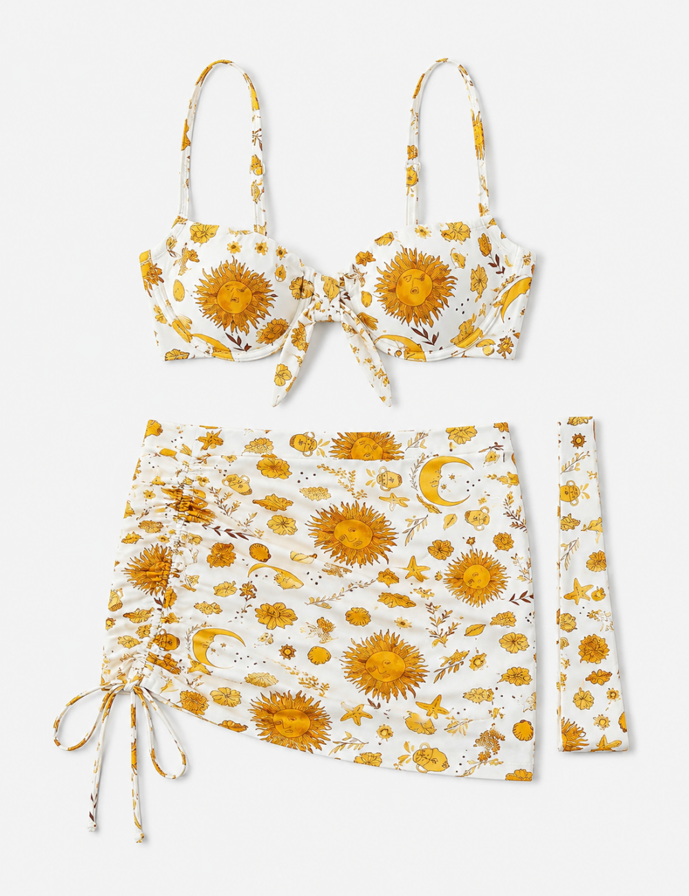 Ladies Sun and Moon Print Halter Bikini Set with Mini Skirt