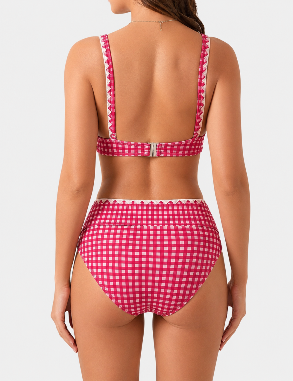 Ladies Gingham Contrast Trim Bralette 2-Piece Bikini Set