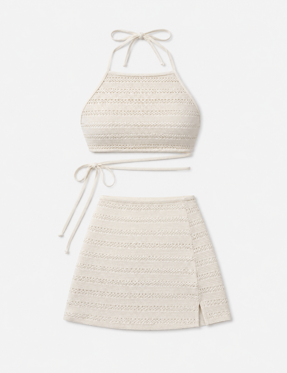 Ladies Hollow Knit Cross Back Tie Halter Bikini Set