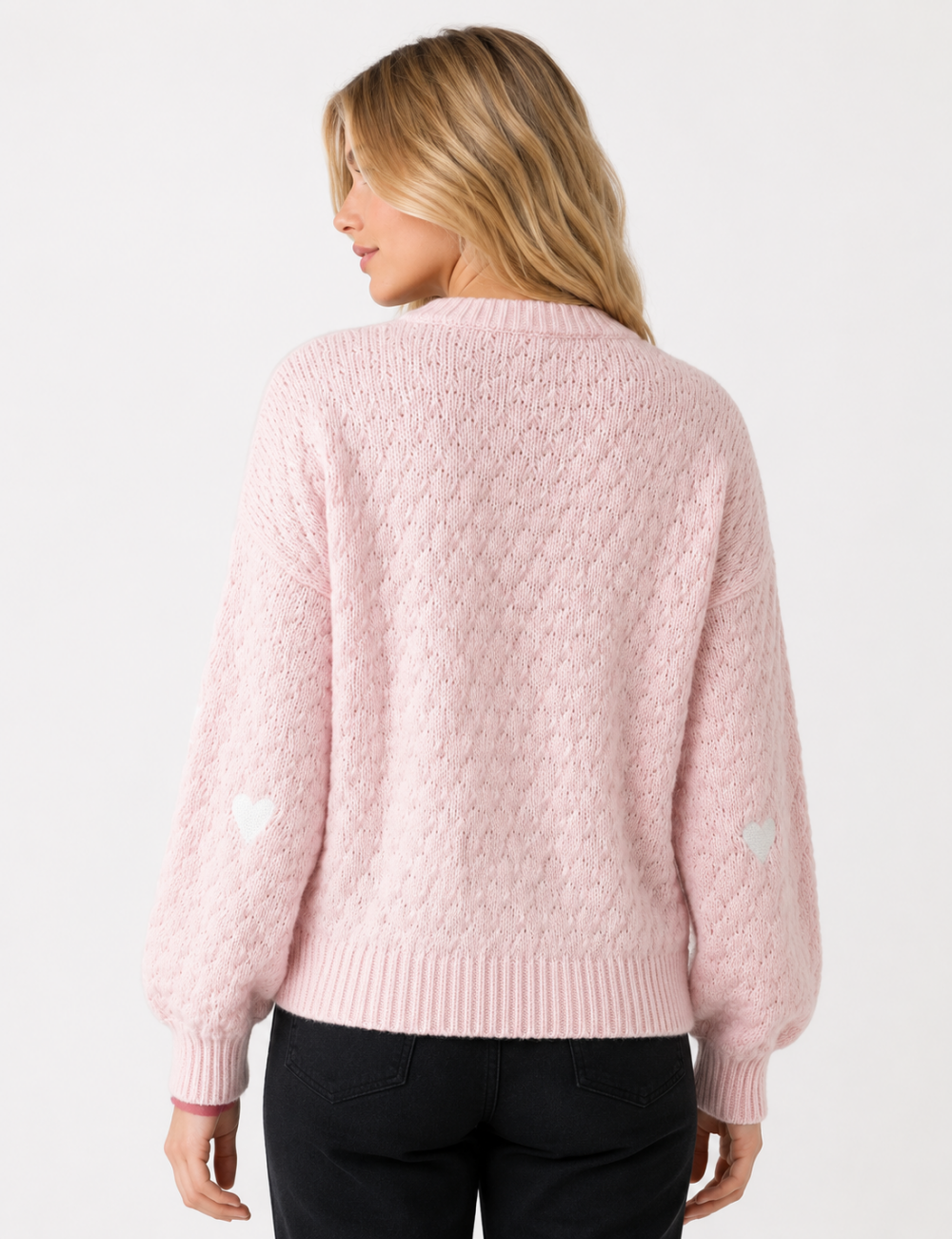 Ladies Heart Applique Hollow Out Knit Crew Neck Sweater