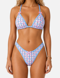 Ladies Multicolor Floral Plaid Halter Triangle Bikini Set