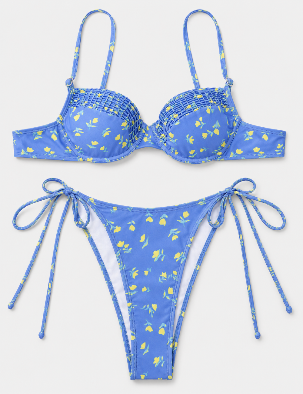 Ladies Floral Print Smocked Balconette 2-Piece Bikini Set