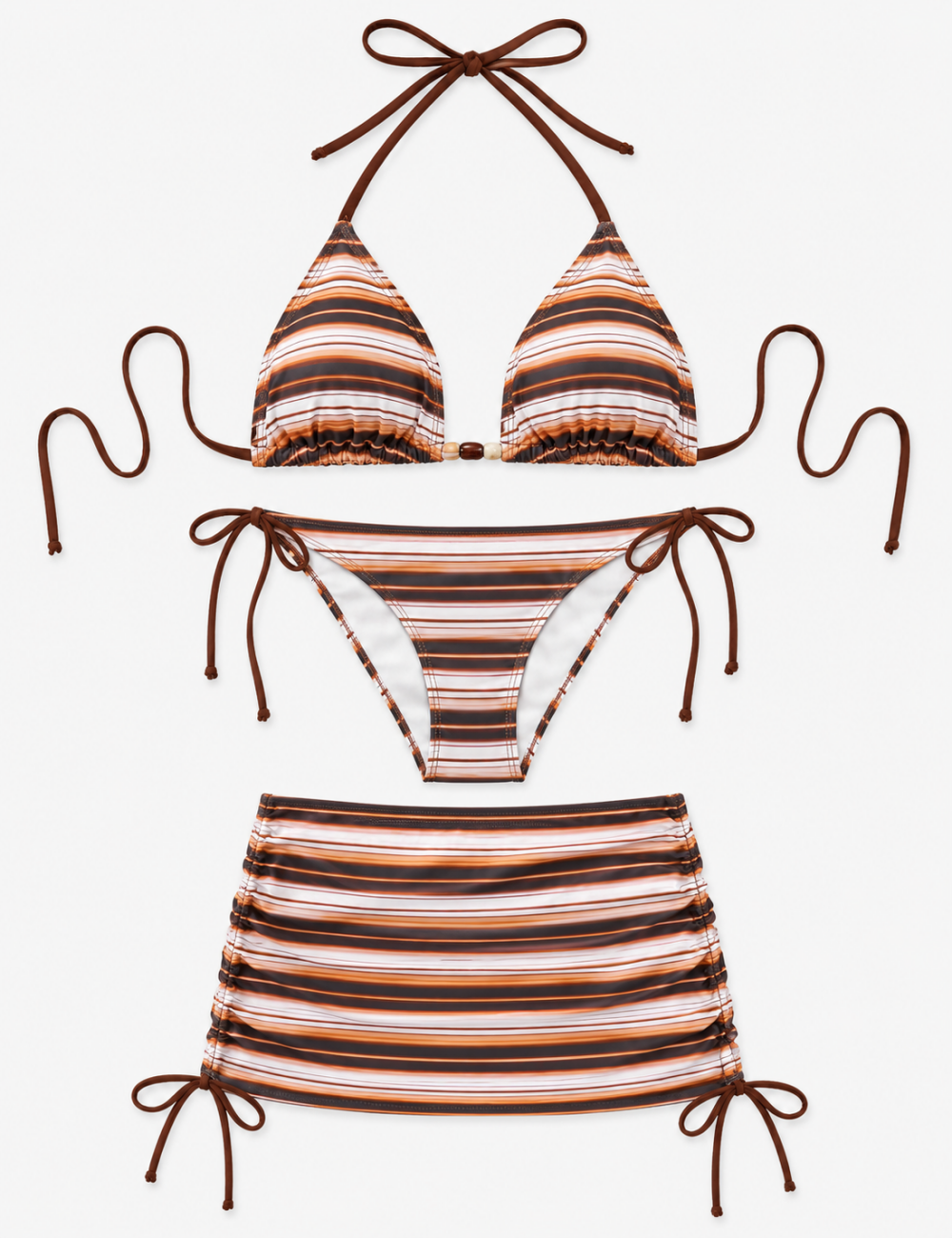 Ladies Stripe Halter Triangle Bikini Set with Mini Skirt