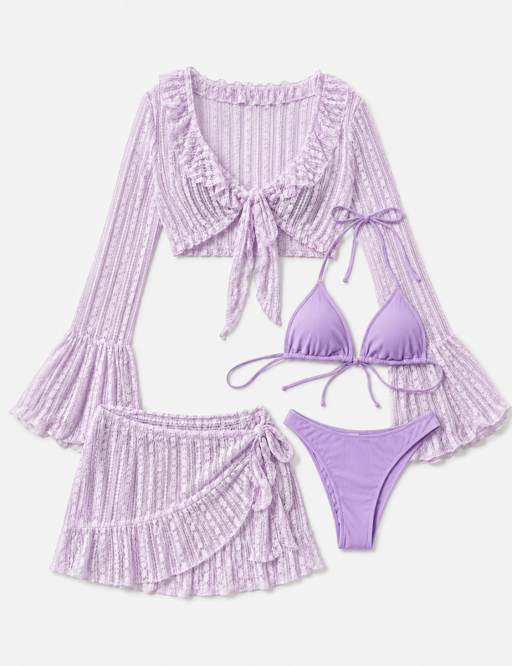 Ladies Solid Color Triangle Bikini 4PCS Set with Cover-Up & Mini Skirt