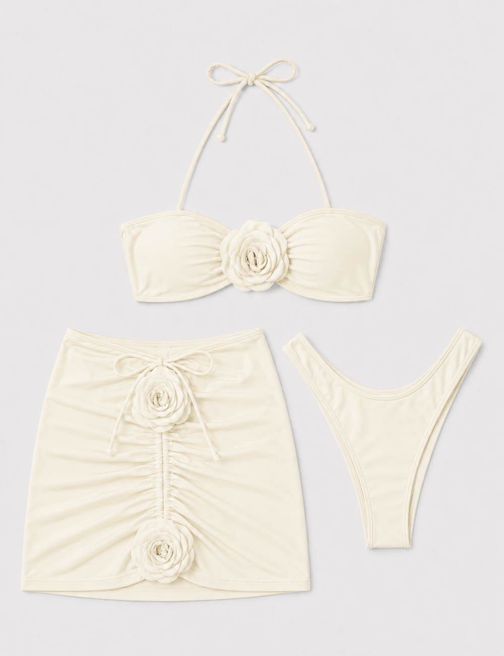 Ladies 3D Flower Design Halter Bikini Set with Mini Skirt