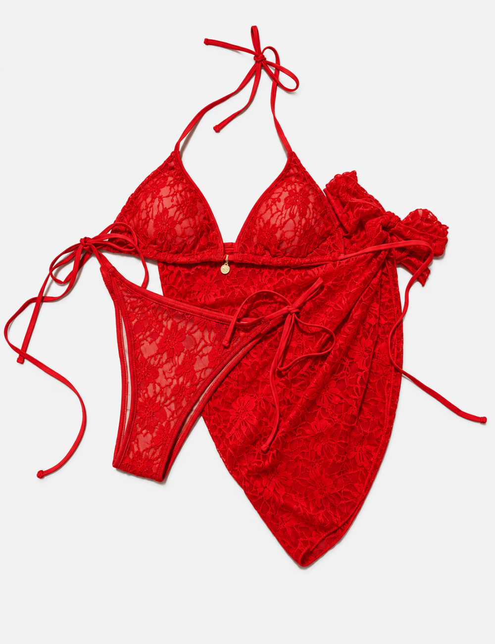Ladies Floral Lace Mesh Triangle Bikini Set with Sarong Set
