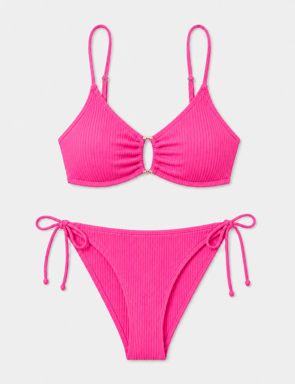 Ladies Multi Color Gold-Tone Metal Accents Triangle Bikini Set