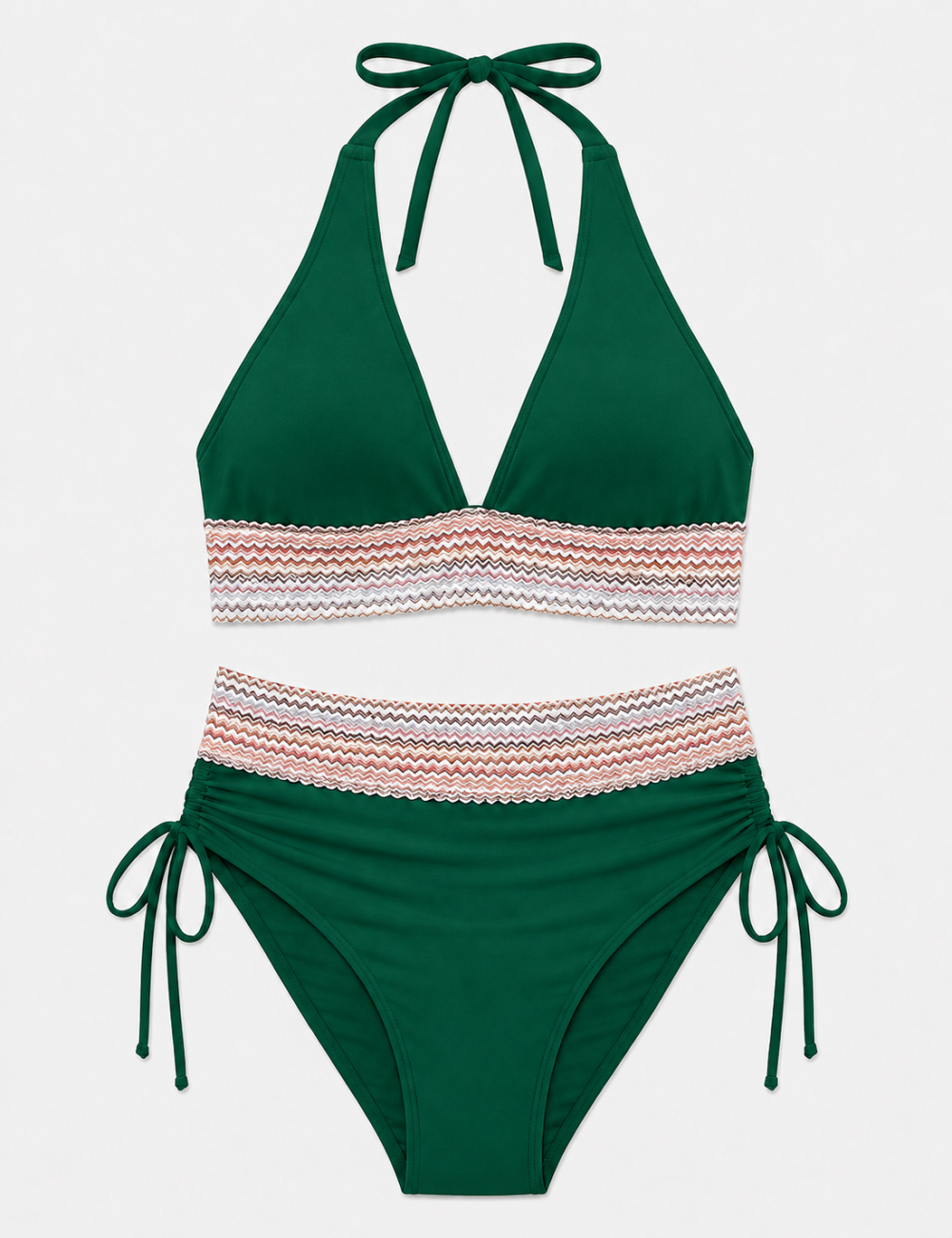 Ladies Deep V-Neck Colorful Zigzag Smocked Trim Bikini Set