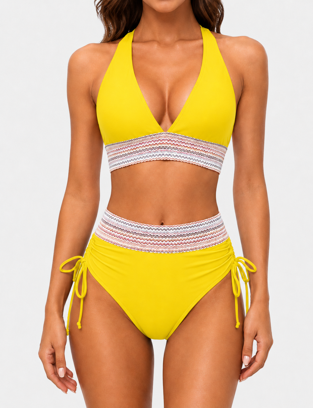 Ladies Deep V-Neck Colorful Zigzag Smocked Trim Bikini Set