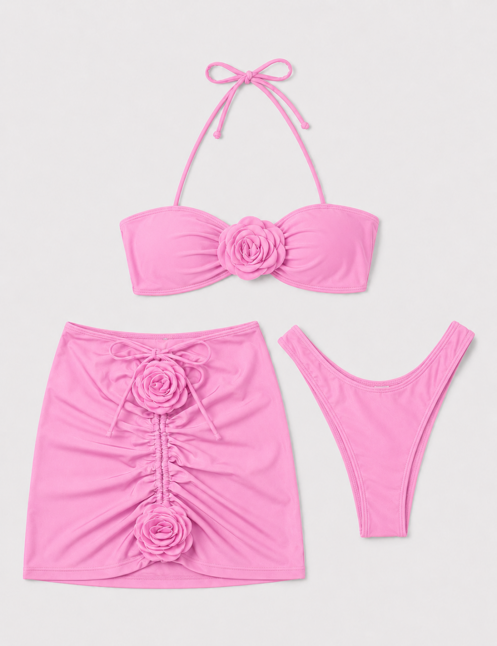 Ladies 3D Flower Design Halter Bikini Set with Mini Skirt