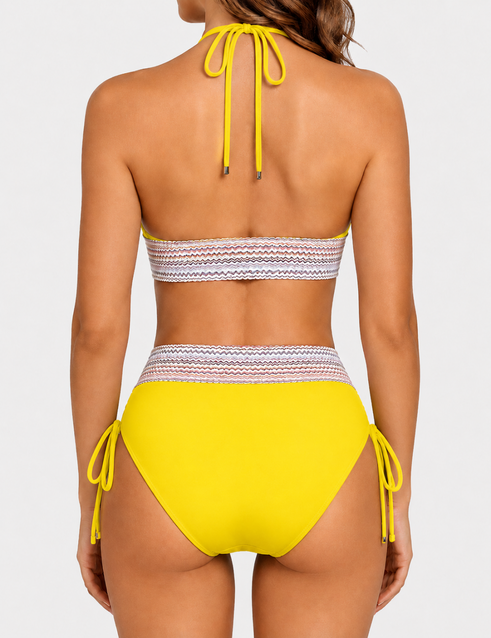 Ladies Deep V-Neck Colorful Zigzag Smocked Trim Bikini Set