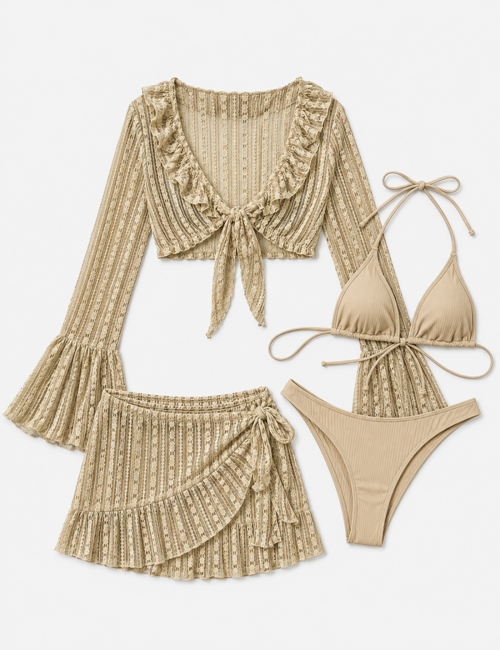 Ladies Solid Color Triangle Bikini 4PCS Set with Cover-Up & Mini Skirt