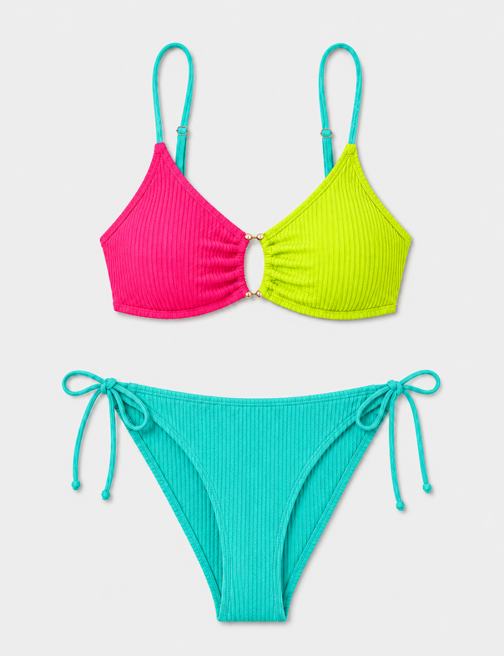 Ladies Multi Color Gold-Tone Metal Accents Triangle Bikini Set