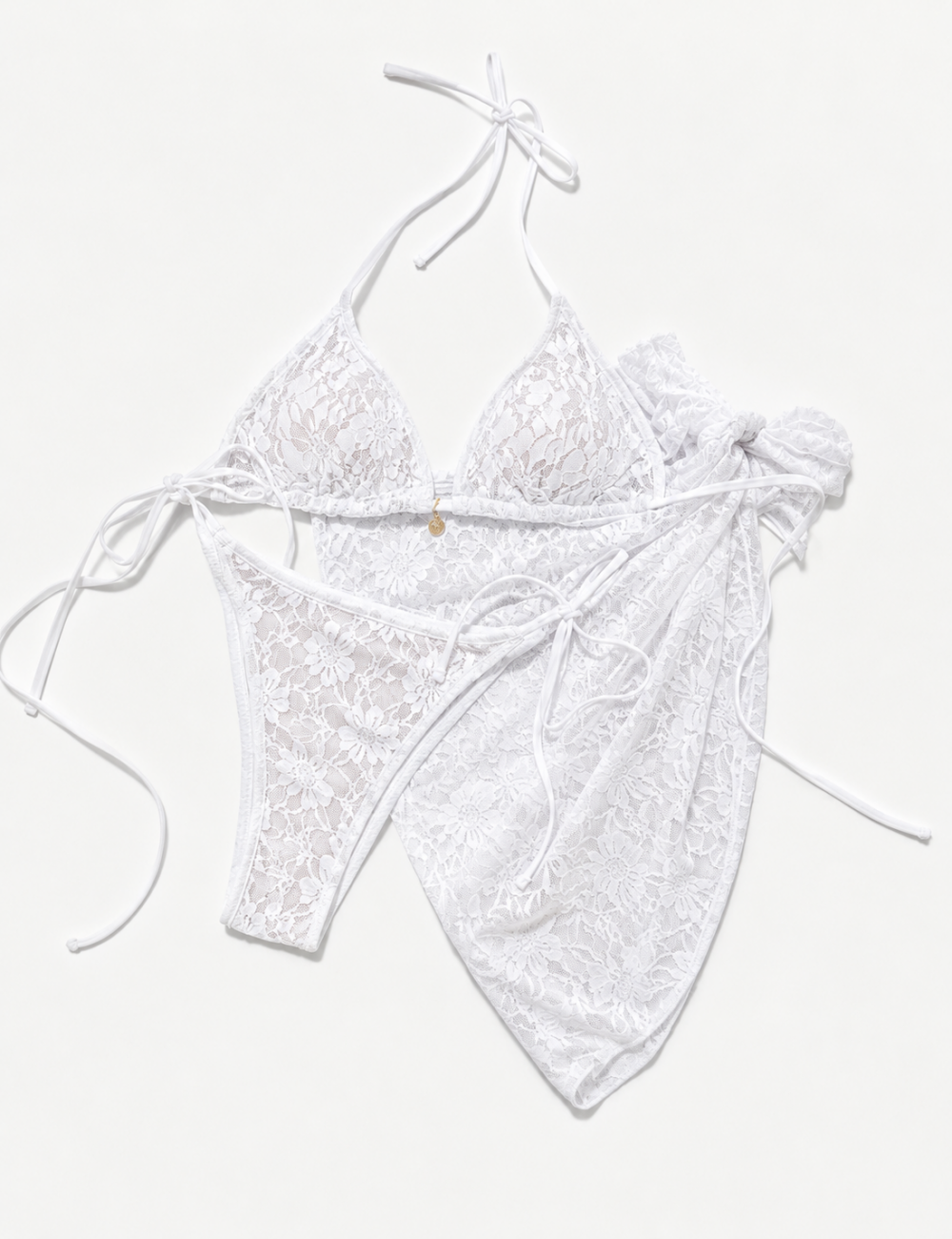 Ladies Floral Lace Mesh Triangle Bikini Set with Sarong Set