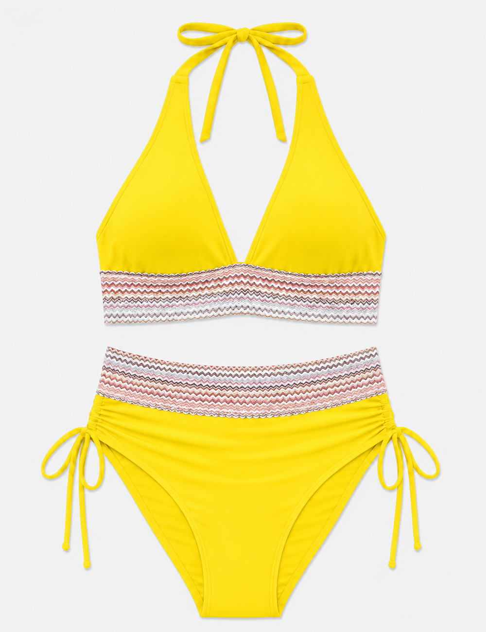 Ladies Deep V-Neck Colorful Zigzag Smocked Trim Bikini Set