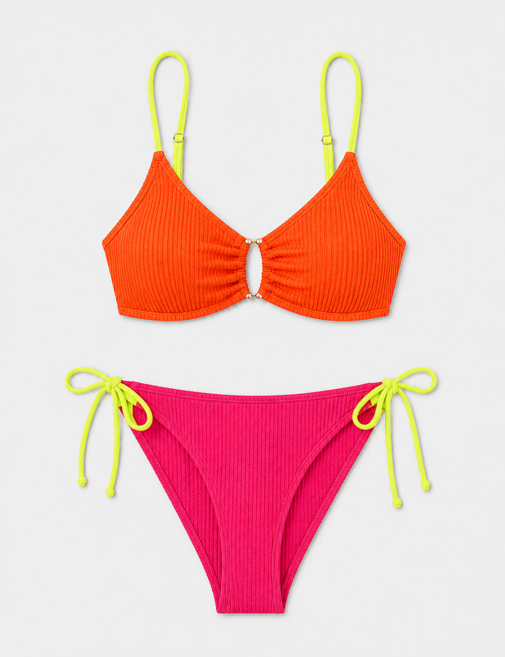 Ladies Multi Color Gold-Tone Metal Accents Triangle Bikini Set