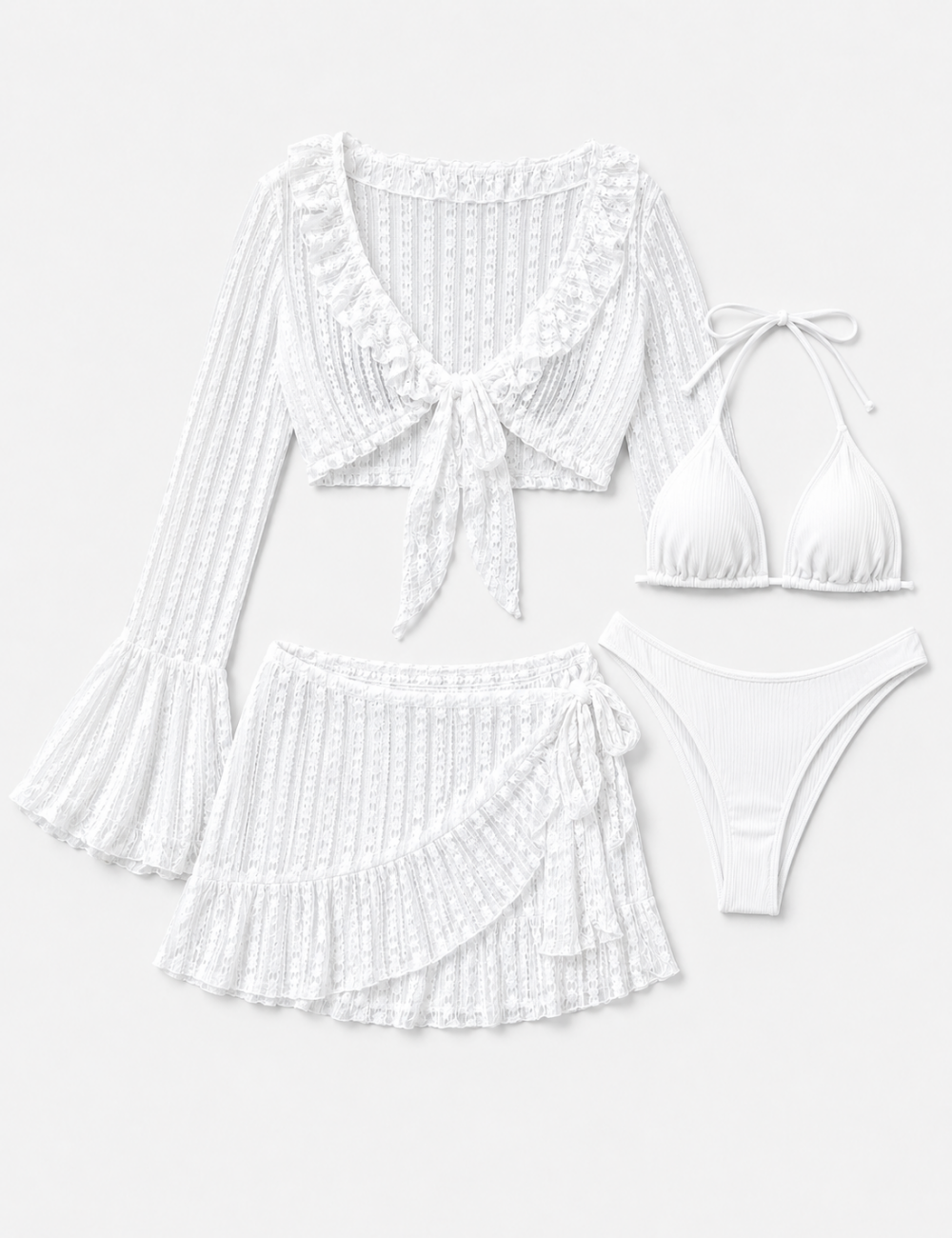 Ladies Solid Color Triangle Bikini 4PCS Set with Cover-Up & Mini Skirt