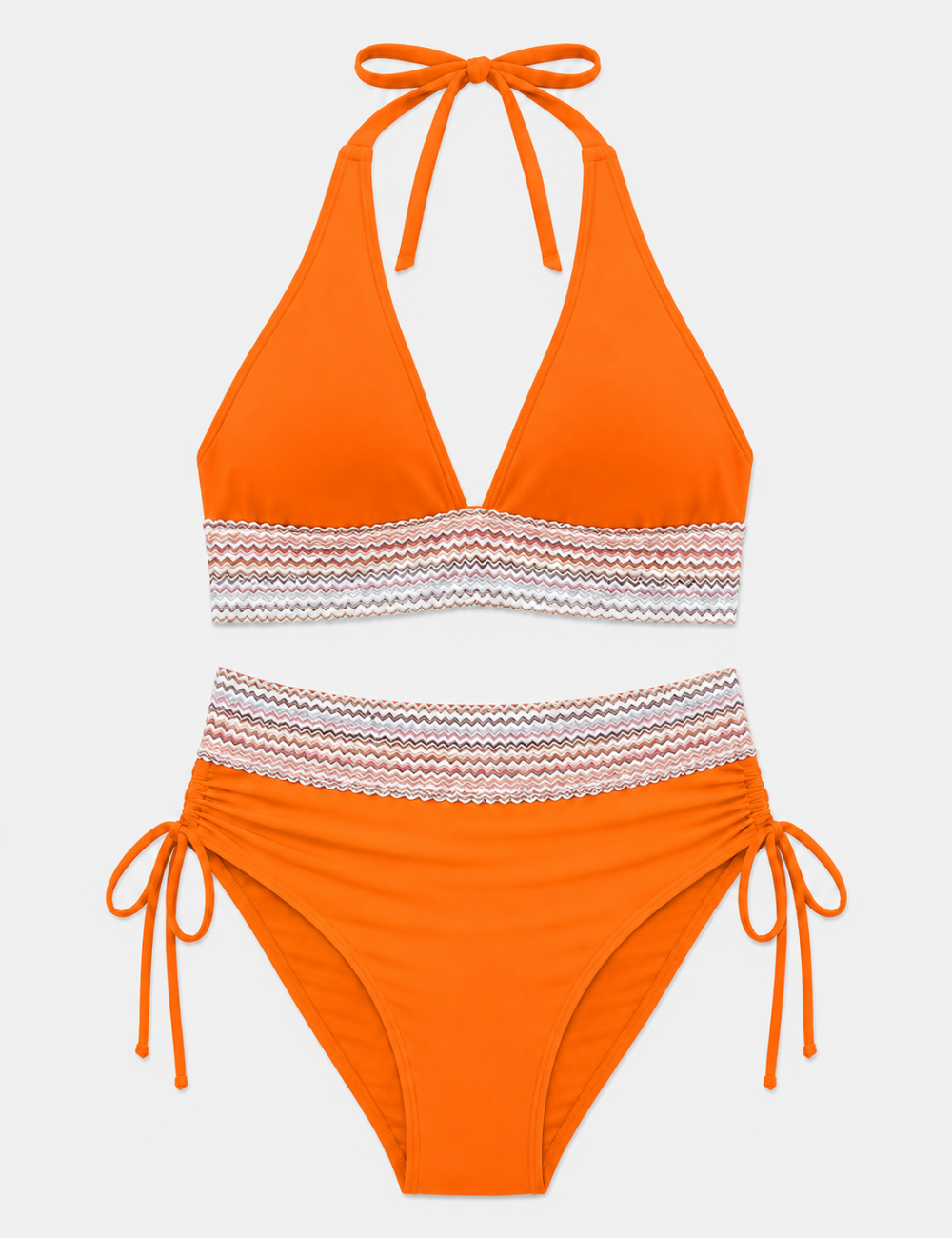 Ladies Deep V-Neck Colorful Zigzag Smocked Trim Bikini Set