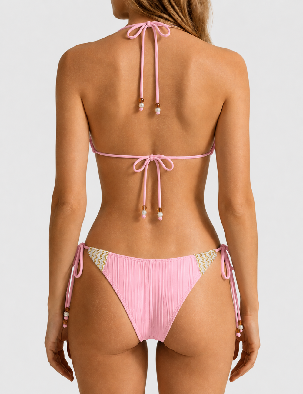 Ladies Ribbed Beaded Halter Triangle 2 Piece Bikini Set