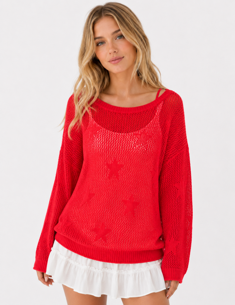 Ladies Star Pattern Mesh Hollow Out Long Sleeve Cover Up